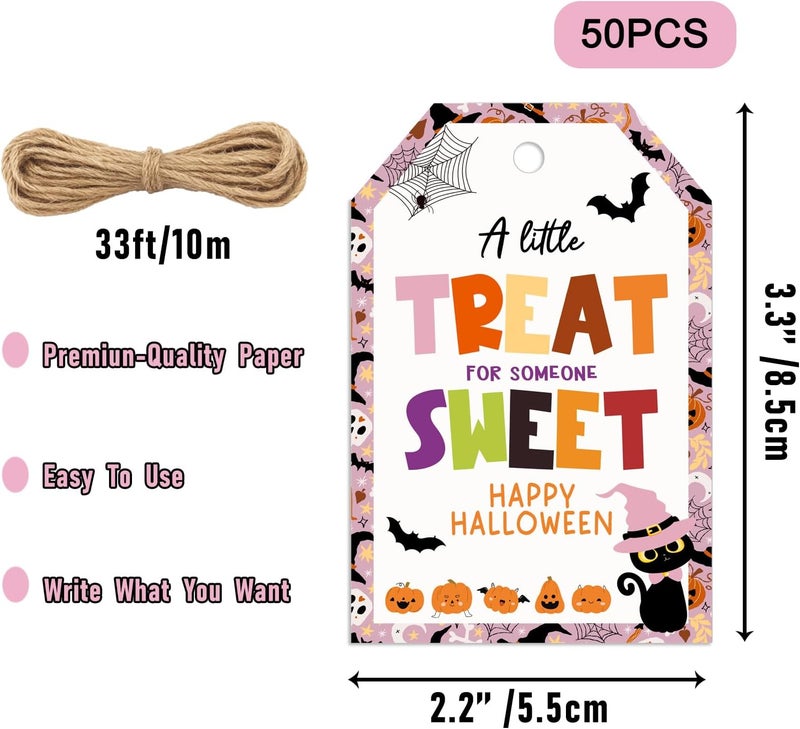 llyinglpdec 50PCS Halloween Paper Tags with String, 2.2"x3.3" Cute Pumpkin Cat Design, A Little Treat for Someone Sweet Labels for Candy Bags, Party Favors, Halloween Decorations - Image 2